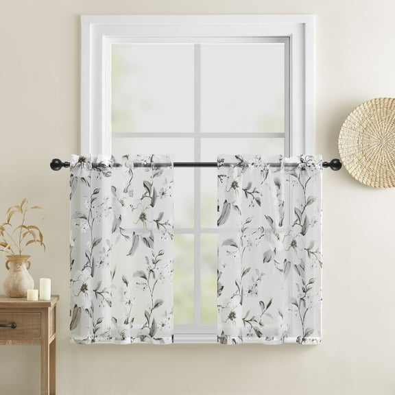 Mumo Light-Filtering Kitchen Curtains Gray&White Floral Rod Pocket Cafe Curtains for Small Windows,2 Panels,30"W×36"L