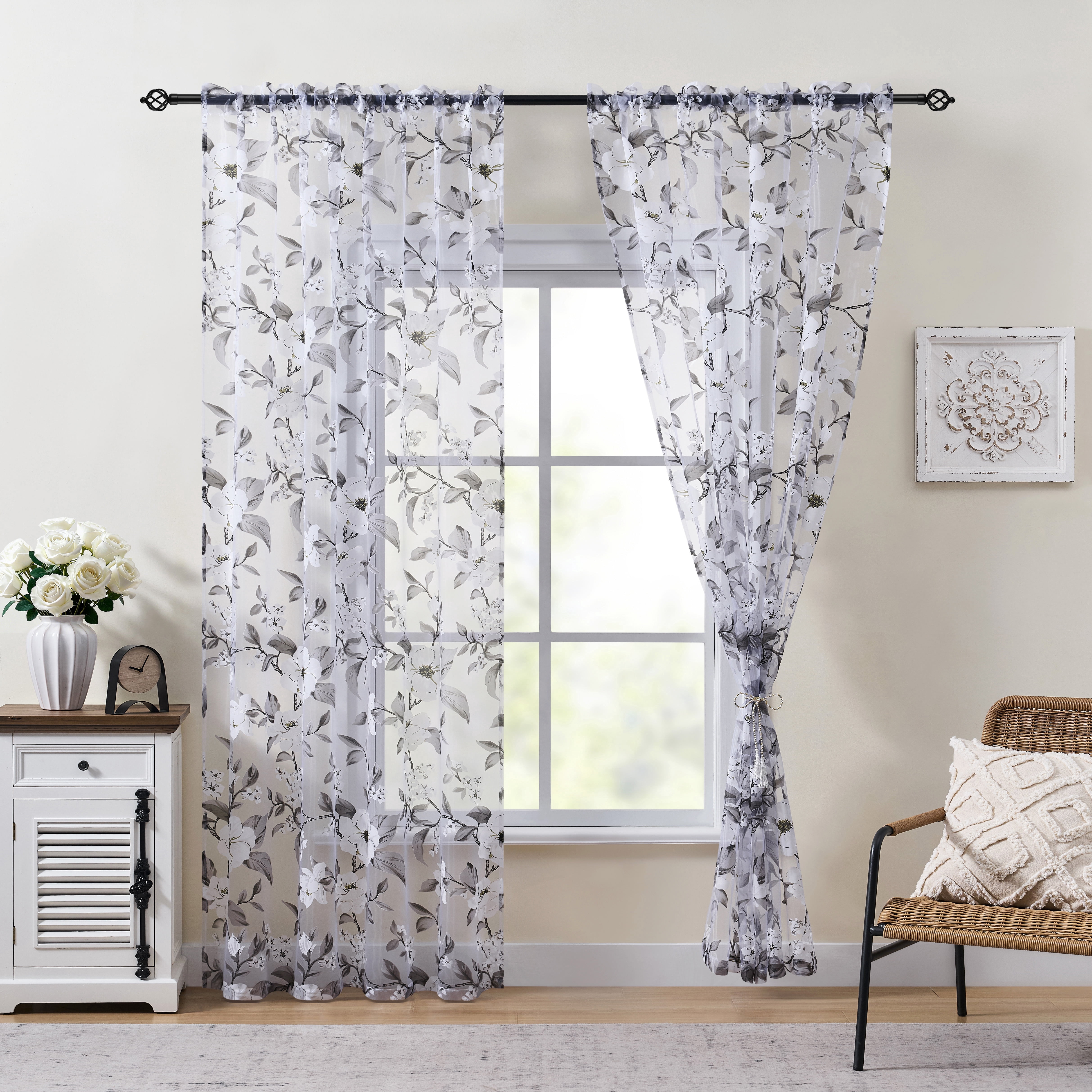 Muuphra Farmhouse Gray Burnout Floral Semi Sheer Curtains for Living Room Bedroom Girl's Room ,2 Panels Set,55×95"