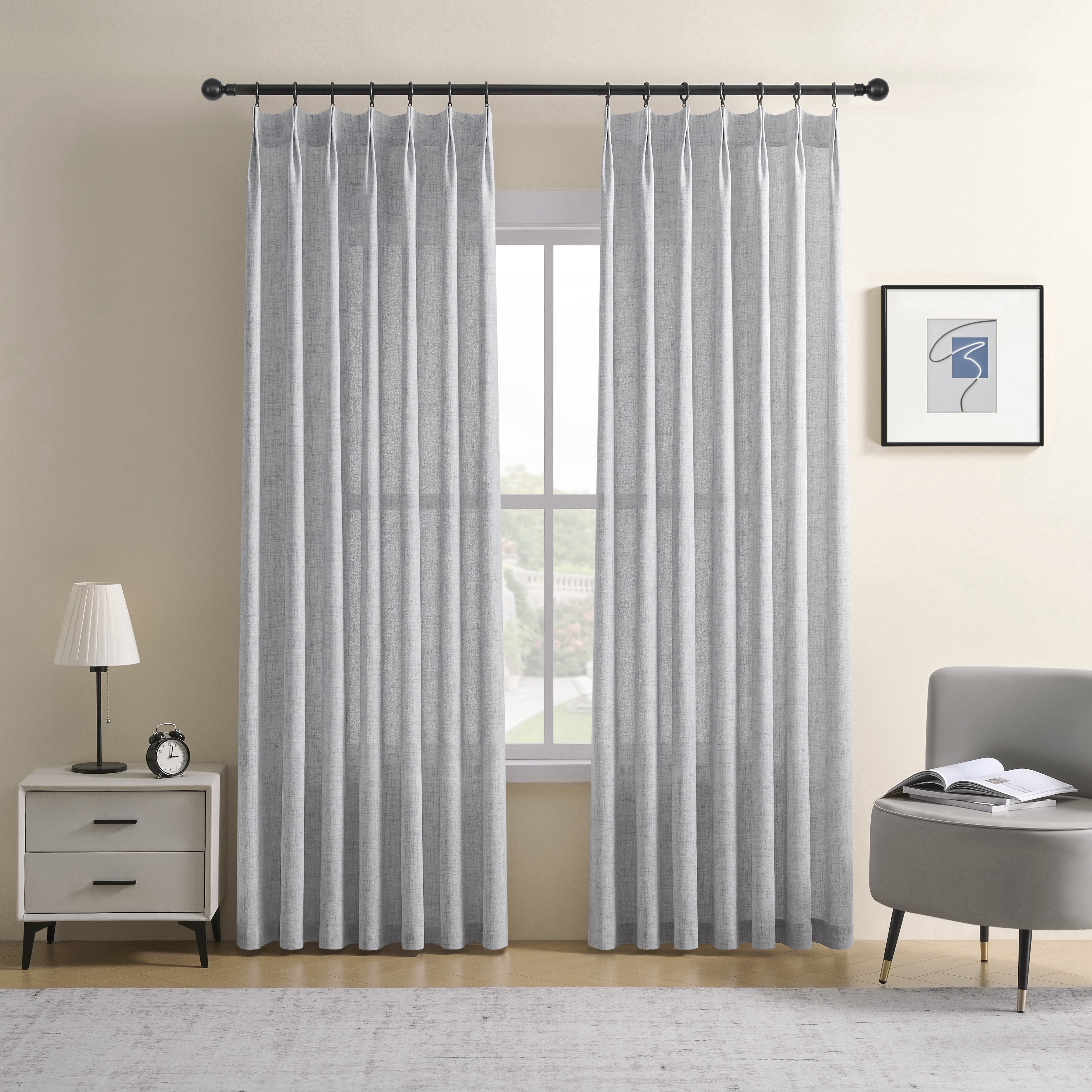 Muuphra Pinch Pleated Light Filtering Linen Blended Curtains with Metal Rings and Hooks for Living Room Bedroom,2 Panels,Gray,40"×63"