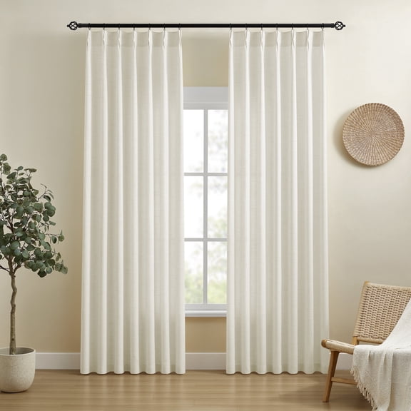 Mumo Pinch Pleated Light Filtering Linen Blended Curtains with Metal Rings and Hooks for Living Room Bedroom,2 Panels,Ivory White,40"×63"