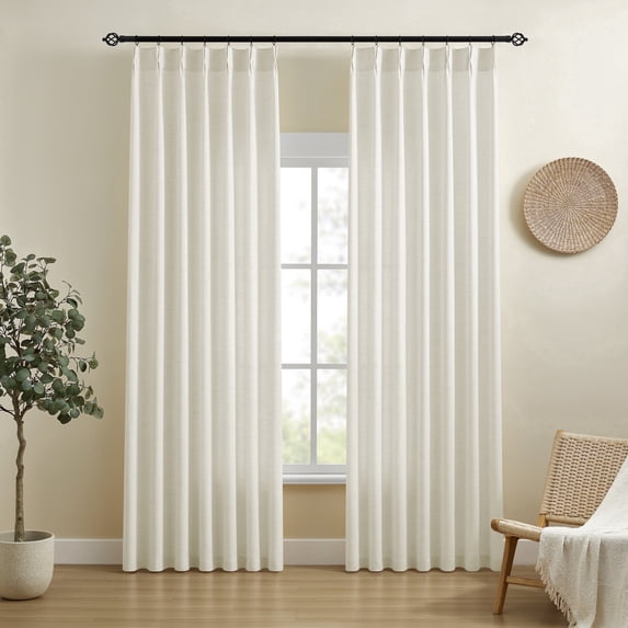 Muuphra Pinch Pleated Light Filtering Linen Blended Curtains with Metal Rings and Hooks for Living Room Bedroom,2 Panels,Ivory White,40"×63"