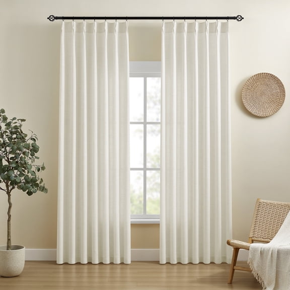 Mumo Pinch Pleated Light Filtering Linen Blended Curtains with Metal Rings and Hooks for Living Room Bedroom,2 Panels,Ivory White,40"×63"