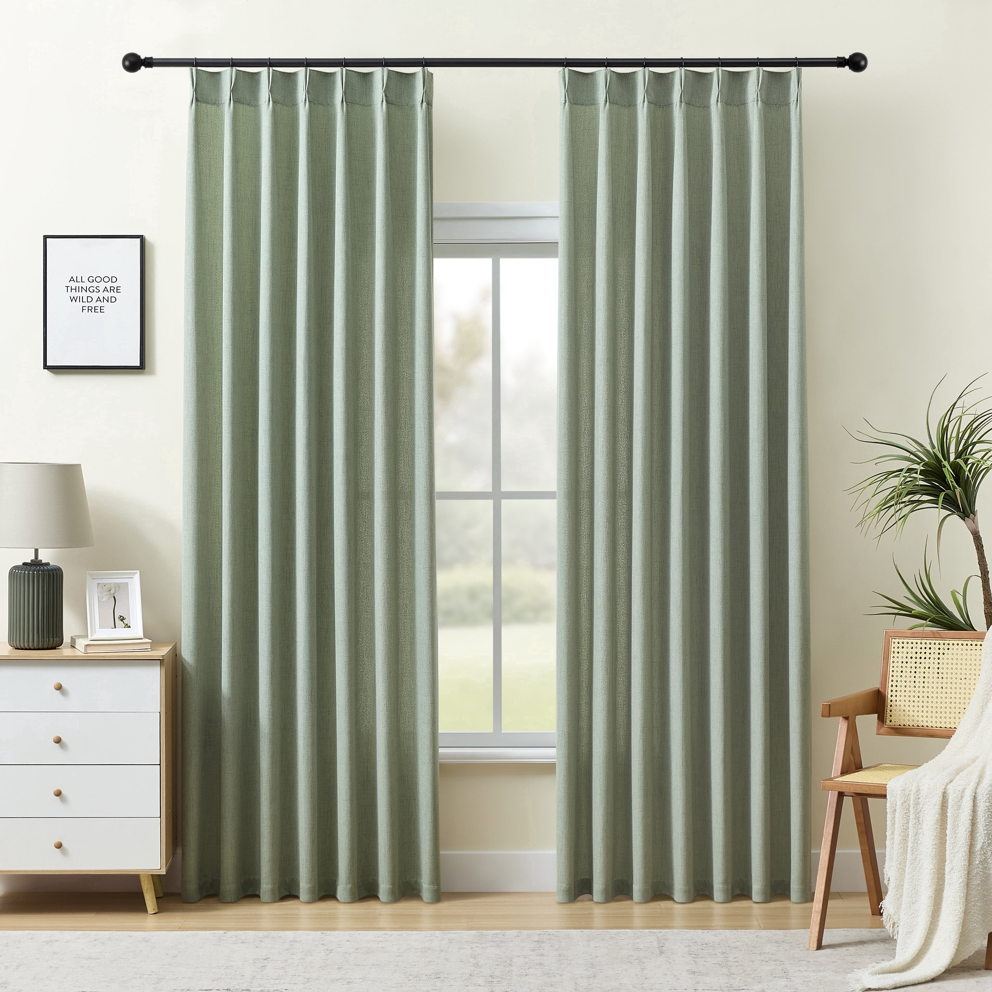 Muuphra Pinch Pleated Light Filtering Linen Blended Curtains with Metal Rings and Hooks for Living Room Bedroom,2Panels,light green,40"×95"