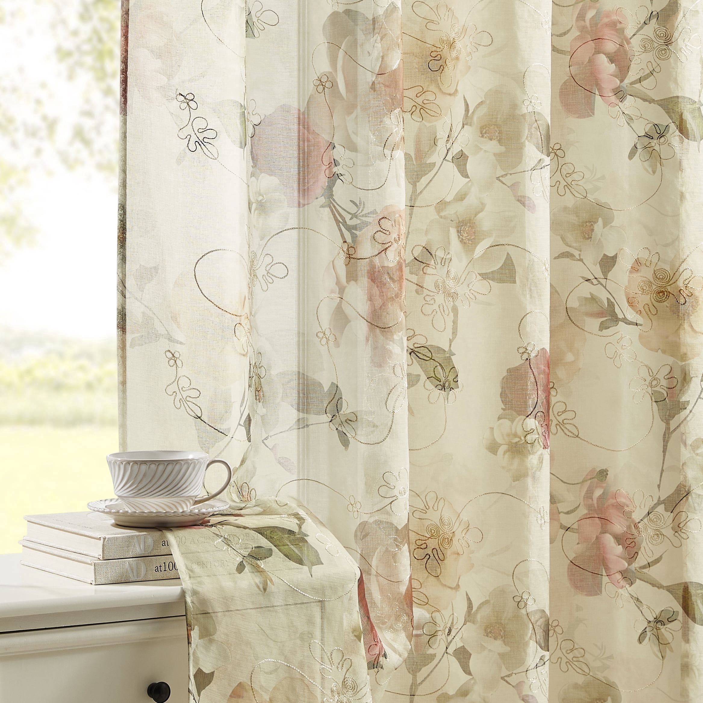 Muuphra Floral Printed&Embroidered Sheer Curtain Rod Pocket Voile curtain for Bedroom Livingroom,2 Panels,Red,52×63"