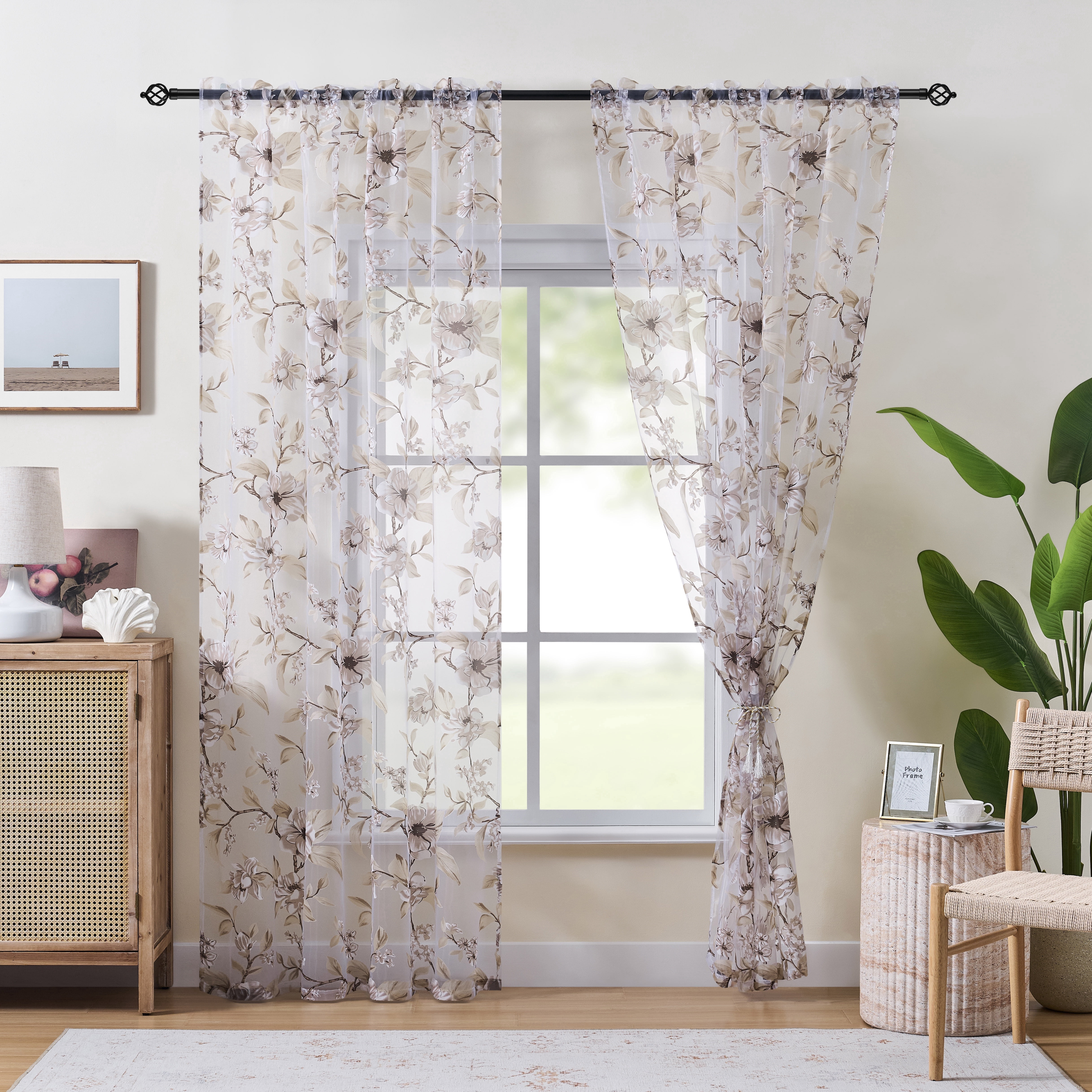 Muuphra Farmhouse Yellow Burnout Floral Semi Sheer Curtains for Living Room Bedroom Girl's Room ,2 Panels Set,55×84"