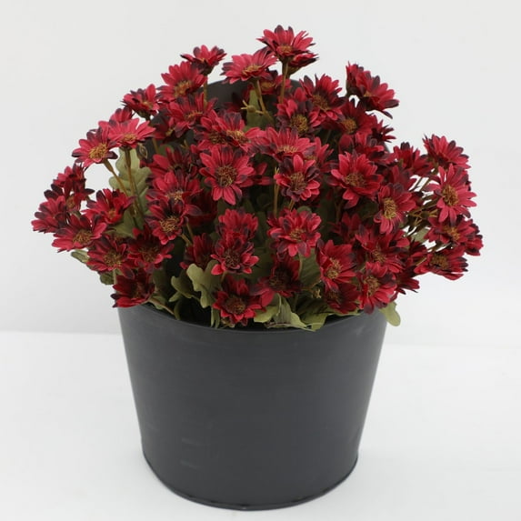 Mums, Artificial Sunset Mums, Artificial Outdoor Sunset Mums Flowers - UV Resistant, Waterproof, Windproof, Fake Fall Flower Daisy With Eucalyptus, Look Real, Full, Vibrant (5 Bundle Red)