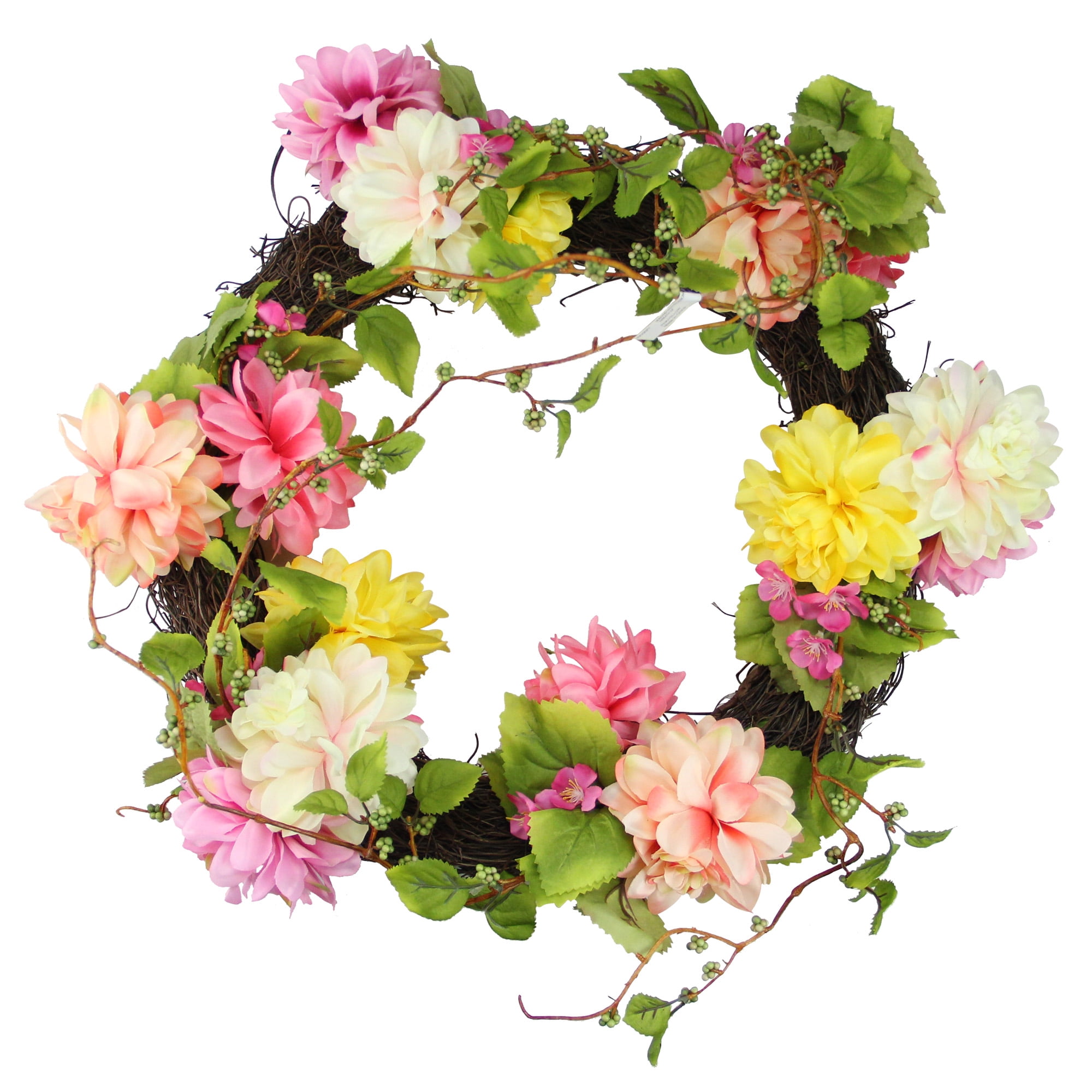 Mums and Wild Blossoms Artificial Floral Wreath, Pink 22-Inch