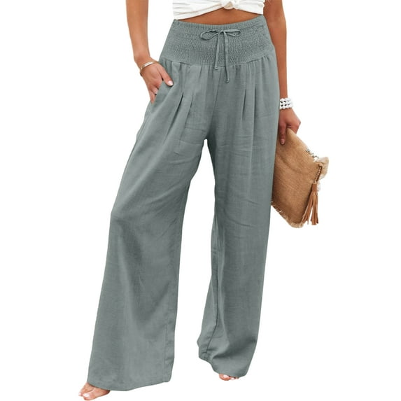 Mumubreal Women's Wide Leg Linen Pants Drawstring High Waist Palazzo Pants Flowy Beach Lounge Trousers with Pockets