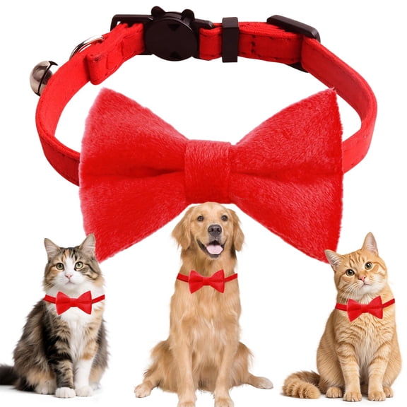 Mumup 1/2 Pack Christmas Cat Collar Breakaway with Bowtie Bell, Christmas Holiday Kitty Kitten Collar Red Green Plaid Pattern Xmas Kitten Collars with Removable Bowtie Cat Bow tie Collars