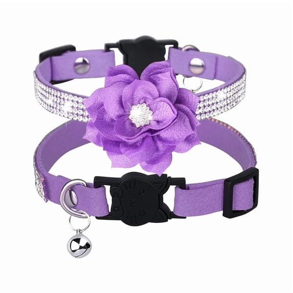 Mumup 1Pack Cat Collars,Rhinestone for Girl Cats Bling Kitten Flower Adjustable Breakaway Collar with Bell Soft Velvet Leather Collar for Puppy Small Dogs