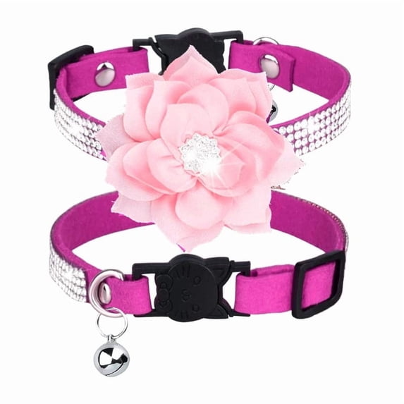 Mumup 1Pack Cat Collars,Rhinestone for Girl Cats Bling Kitten Flower Adjustable Breakaway Collar with Bell Soft Velvet Leather Collar for Puppy Small Dogs