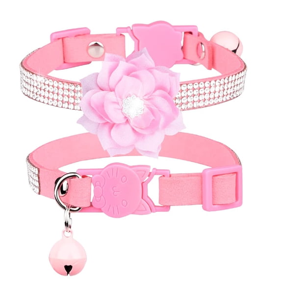 Mumup 1Pack Cat Collars,Rhinestone for Girl Cats Bling Kitten Flower Adjustable Breakaway Collar with Bell Soft Velvet Leather Collar for Puppy Small Dogs