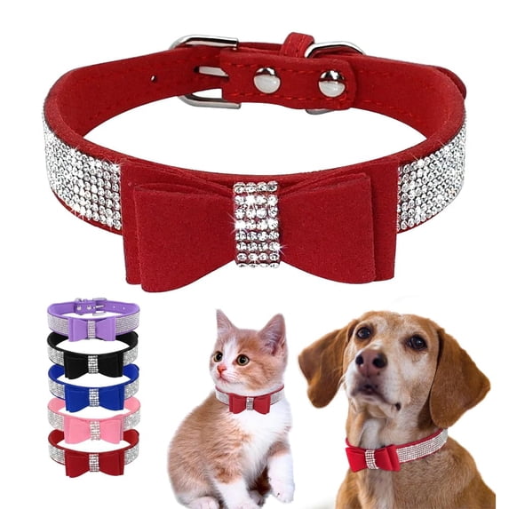 Mumup 1Pack Dog Collar Girl with Bow, Female Rhinestone Puppy Collar Bling Diamond Sparkly Crystal Jewelry Cute Adjustable for XXS Small Medium Cat Pet Kitten Yorkie