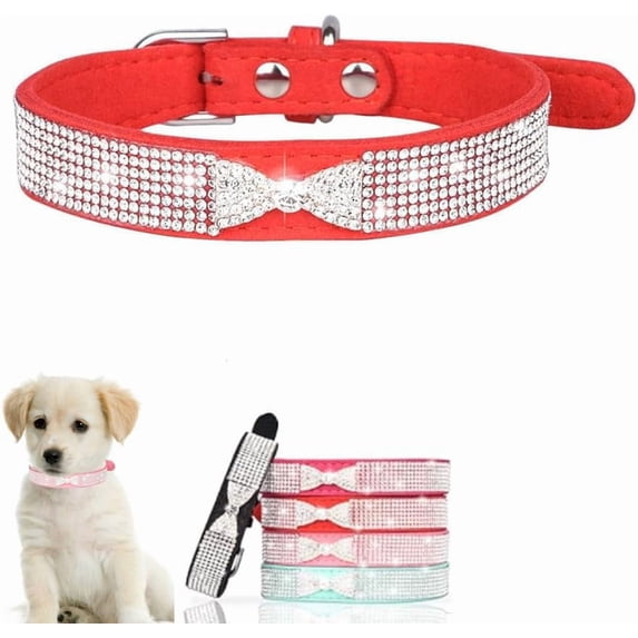 Mumup 1Pack Small Dog Collars for Female Dogs, Cute Bling Rhinestone Crystal with Bow Tie, Sparkly Glitter Jewel Diamond Puppy Collar for XS, Small, Medium Pet Girls