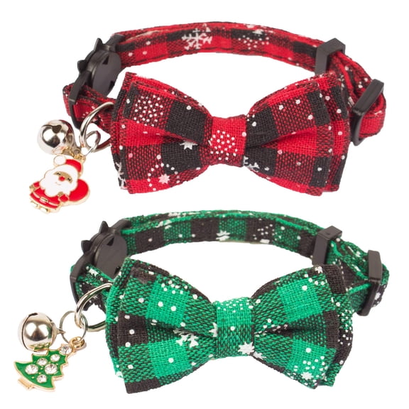 Mumup 2Pack Christmas Cat Collars Breakaway with Stylish Bow, 2 Pack Red Green Plaid Xmas Kitten Collar with Bell, Removable Bowtie Christmas Collar for Cats