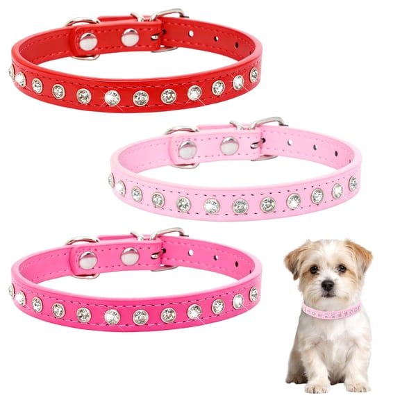 Mumup 3Pack Small Dog Collars Bling Puppy Collars Diamond Pet Collars PU Leather Sparkly Rhinestone Glitter Adjustable Jewelry Neck Collars for Small Pet