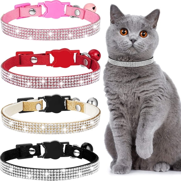 Mumup 4 Pieces Rhinestones Cat Collars Breakaway Cat Collar with Bell Bling Pet Accessories with Soft Velvet