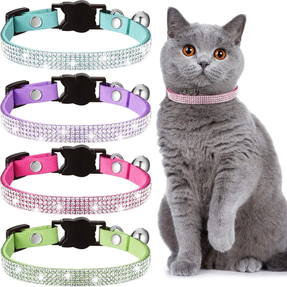 Mumup 4 Pieces Rhinestones Cat Collars Breakaway Cat Collar with Bell Bling Pet Accessories with Soft Velvet