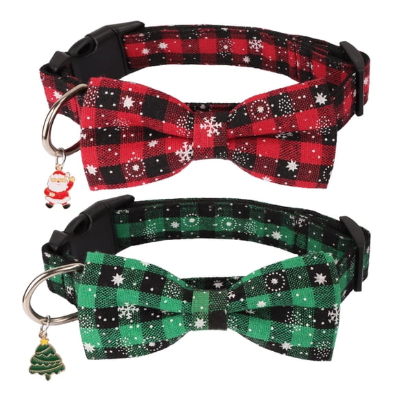 Mumup Christmas Dog Collar with Bow, Adjustable Red Green Plaid Dog Collars with Removable Bowtie Christmas Collars for Large Dogs Pets