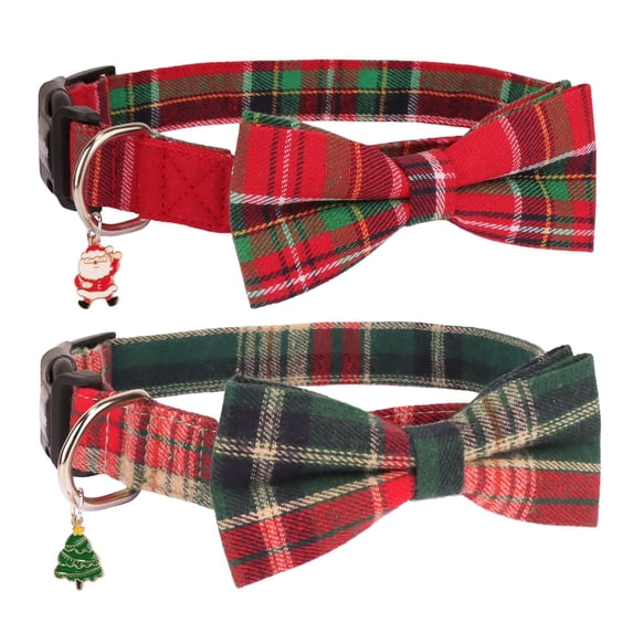 Mumup Christmas Dog Collar with Bow, Adjustable Red Green Plaid Dog Collars with Removable Bowtie Christmas Collars for Large Dogs Pets