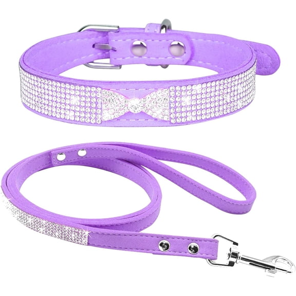 Mumup Cute Dazzling Sparkling Elegant Fancy Soft Suede Leather Bling Rhinestone Crystal Jeweled Pet Cat Dog Puppy Collar Dog Leash Combo Set