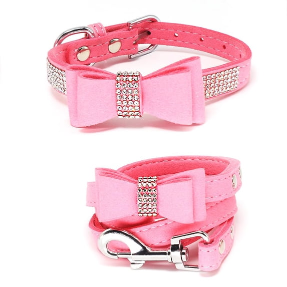Mumup Dazzling Rhinestone Dog Collar with Soft Fabric and Crystal Bow Tie - Elegant and Glamorous Puppy Collars for Small Dogs with Leash