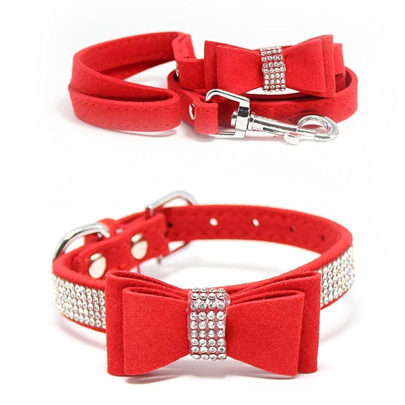 Mumup Dazzling Rhinestone Dog Collar with Soft Fabric and Crystal Bow Tie - Elegant and Glamorous Puppy Collars for Small Dogs with Leash