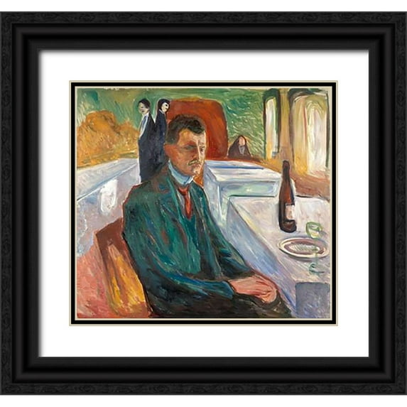 Munch, Edvard 13x12 Black Ornate Wood Framed with Double Matting Museum Art Print Titled - Self-Portrait with a Bottle of Wine, 1906