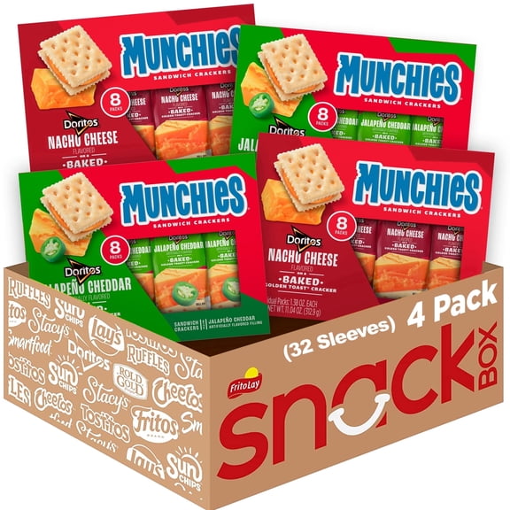 Munchies Baked Sandwich Crackers Variety pack, Doritos Nacho Cheese and Doritos Jalapeno Cheddar, (pack of 4, 32 Sleeves)