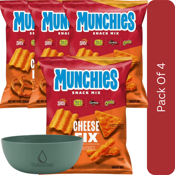 Munchies Cheese Fix Snack Mix, 8 Ounce Bag-4pk, With Olive Green Bowl By ValueNest