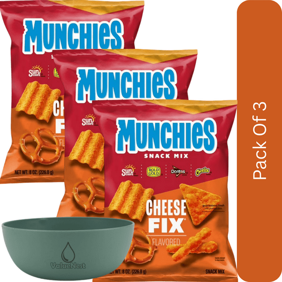 Munchies Cheese Fix Snack Mix, 8 oz Bag-3pk, With Olive Green Bowl By ValueNest