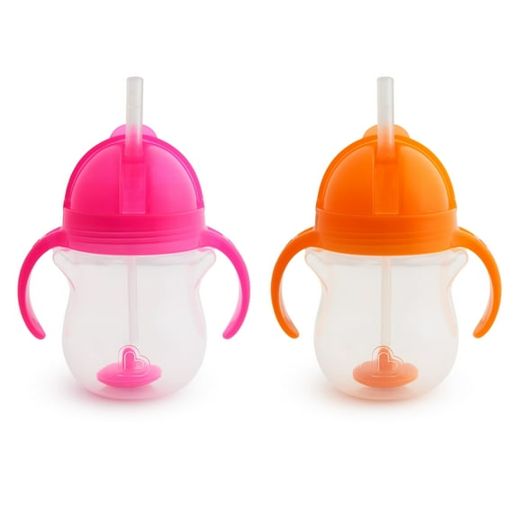 Munchkin® Any Angle™ Weighted Straw Trainer Cup with Click Lock™ Lid, 7 oz, Pink/Orange, Unisex, 2 Pack