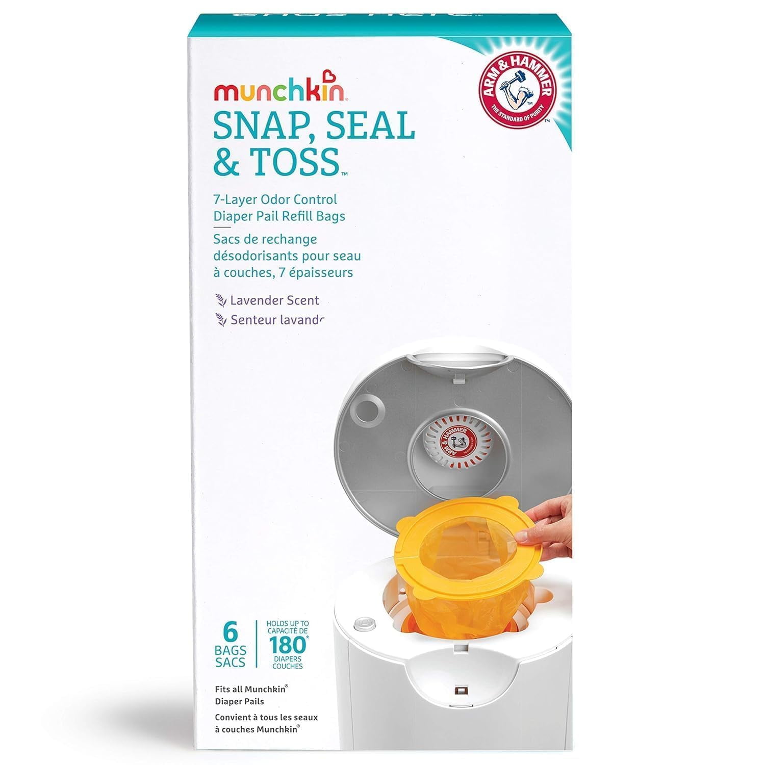 Munchkin® Arm & Hammer™ Snap, Seal & Toss Diaper Pail Bag Refills, Hold Up To 180 Newborn Diapers, 6 Pack