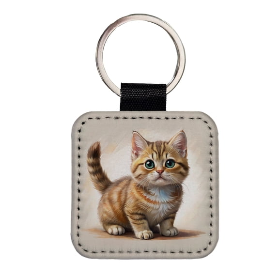 Munchkin Cat Illustration Faux Leather Square Keychain