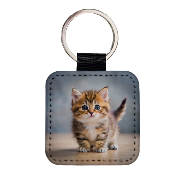 Munchkin Cat Kitten Photo Faux Leather Square Keychain