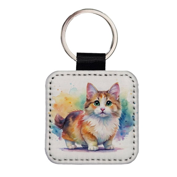 Munchkin Cat Watercolor Style Faux Leather Square Keychain