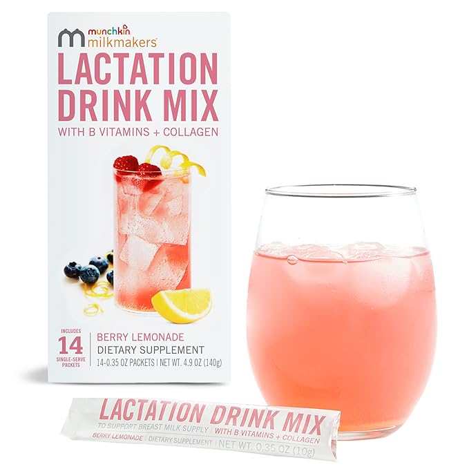 Munchkin Milkmakers Lactation Drink Mix Supplement with B Vitamins/Collagen/Fenugreek & Milk Thistle for Breastfeeding Moms, Berry Lemonade, 14 Count