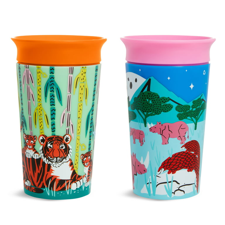 Munchkin Miracle 360 Wild Love Sippy Cup, 9 Ounce, 2 Pack, Tiger/Rhino