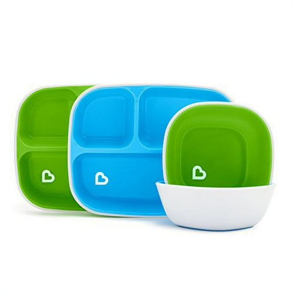 Munchkin Splash 4 Piece Toddler Divided Plate and Bowl Dining Set, Blue/Green