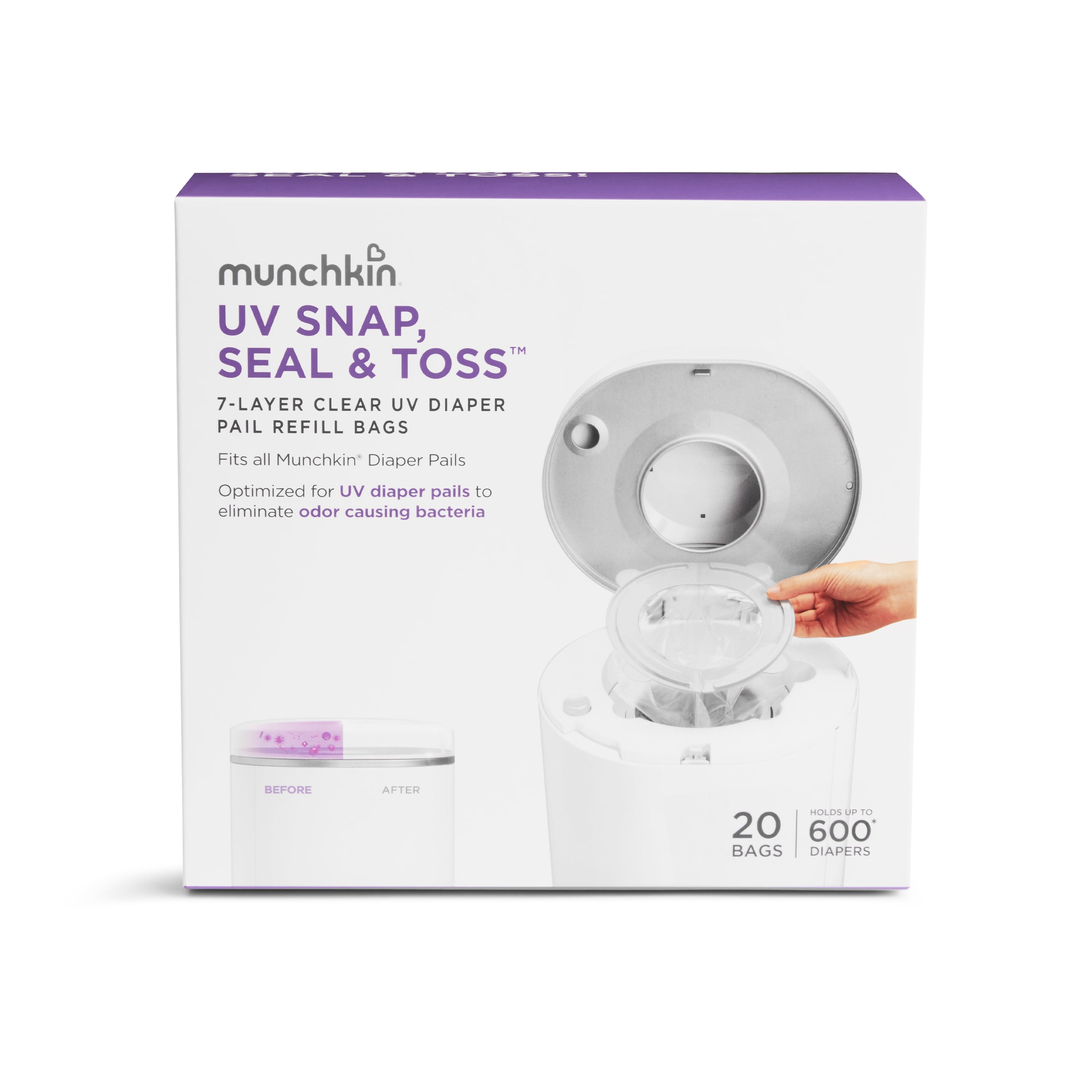 Munchkin UV Snap, Seal & Toss Diaper Pail Refill Bags, Holds up to 600 Newborn Diapers, 20 Pack