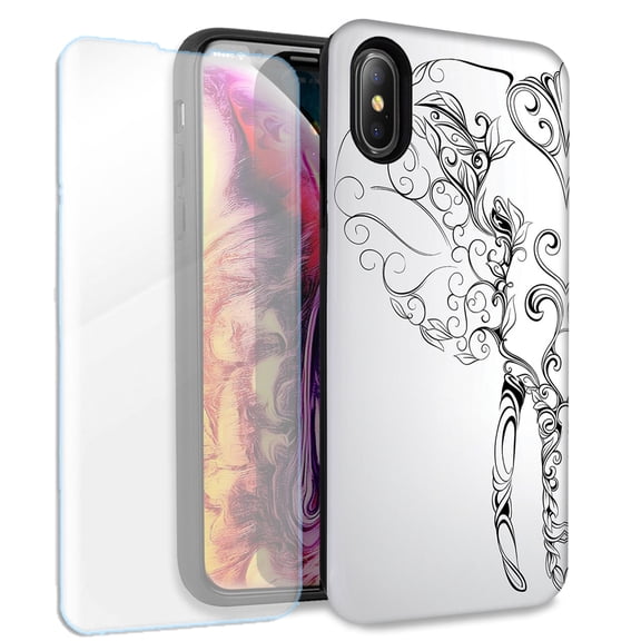 Mundaze Abstract White Elephant Double Layer Case w/Glass Screen Protector For Apple iPhone X/XS