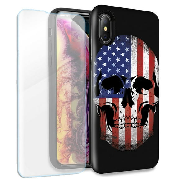 Mundaze American USA Flag Skull Double Layer Case w/Glass Screen Protector For Apple iPhone X/XS