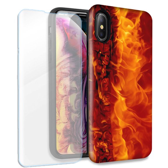 Mundaze Fire Double Layer Case w/Glass Screen Protector For Apple iPhone XR