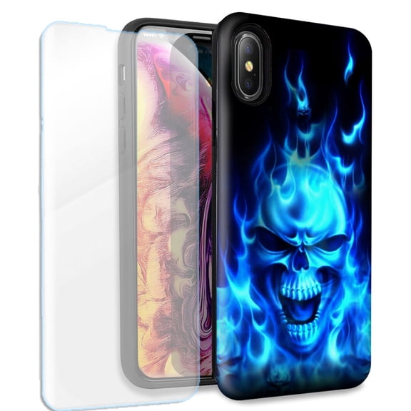 Mundaze Flaming Skull Double Layer Case w/Glass Screen Protector For Apple iPhone XR