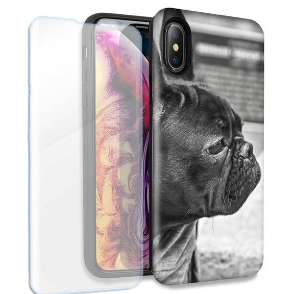 Mundaze French Bulldog Double Layer Case w/Glass Screen Protector For Apple iPhone XS Max