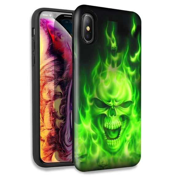Mundaze Green Flaming Skull Double Layer Hybrid Case Cover For Apple iPhone XS Max