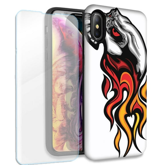 Mundaze Hotrod Skull Flames Double Layer Case w/Glass Screen Protector For Apple iPhone X/XS