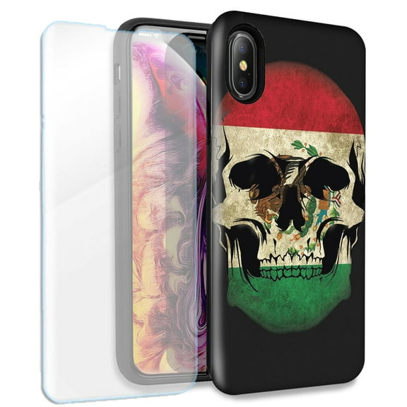Mundaze Mexico Flag Skull Double Layer Case w/Glass Screen Protector For Apple iPhone XS Max