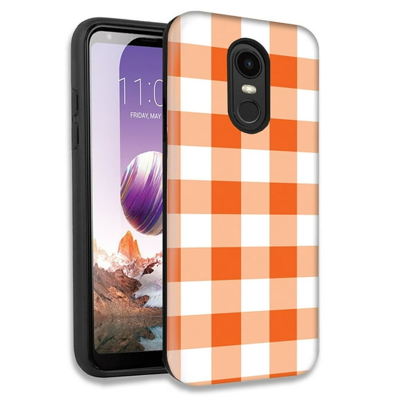 Mundaze Orange White Plaid Double Layer Hybrid Case Cover For LG Fortune 2/Aristo 2 Plus/Zone 4/Aristo 3