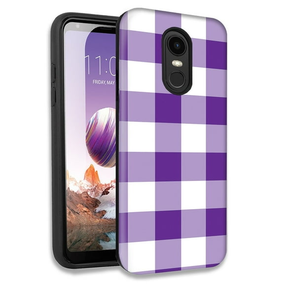 Mundaze Purple White Plaid Double Layer Hybrid Case Cover For LG Fortune 2/Aristo 2 Plus/Zone 4/Aristo 3